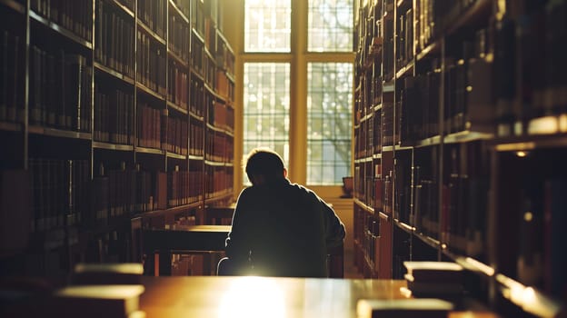 A student in a library, overwhelmed by the books. The towering bookshelves in the background adding to the atmosphere of pressure and academic stress. Neural network generated image. Not based on any actual person or scene.