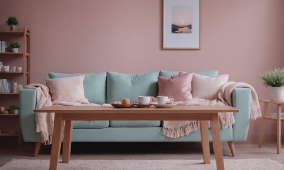 Interior of modern living room with pink sofa, coffee table and plants.