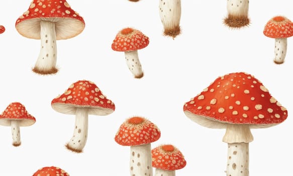 Seamless pattern with fly agaric mushrooms on white background.