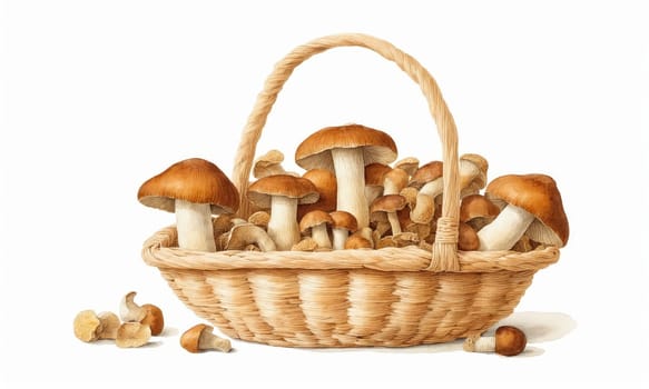 mushrooms in a wicker basket isolated on a white background.