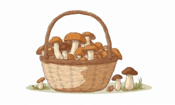 mushrooms in a wicker basket isolated on a white background.