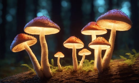 Mushrooms growing in the forest at night. Amanita muscaria.