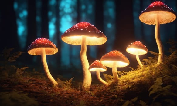 Mushrooms growing in the forest at night. Amanita muscaria.