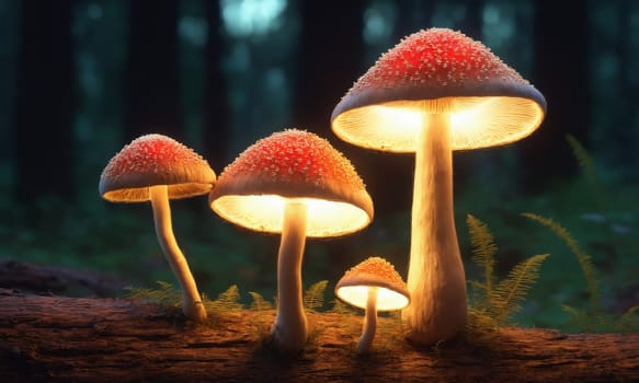 Glowing Mushrooms in a dark forest at night. Selective focus