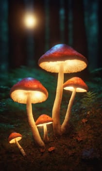 Glowing Mushrooms in a dark forest at night. Selective focus