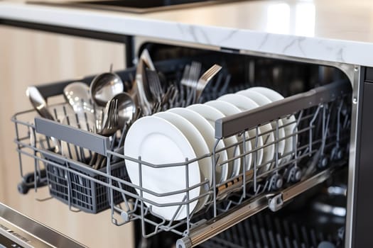 A dishwasher with many plates and silverware in it. Neural network generated image. Not based on any actual scene or pattern.