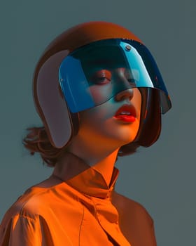 A woman in orange workwear and a helmet with an electric blue visor, combining vision care and personal protective equipment for fun in the performing arts