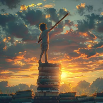 kid standing on the tower of books and holding a huge pencil on background of sunset sky. ai generated