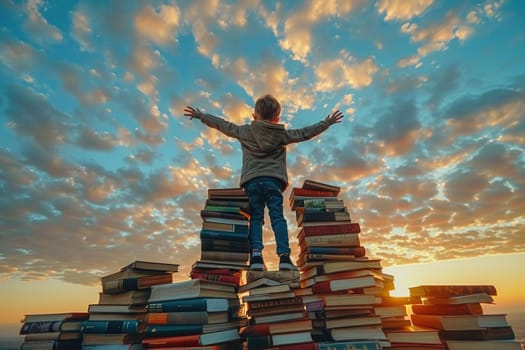 kid standing on the tower of books on background of sunset sky. ai generated