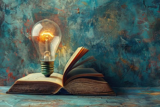 Head with an open book and a light bulb as a metaphor for a new idea. ai generated