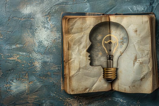 Head with an open book and a light bulb as a metaphor for a new idea. ai generated