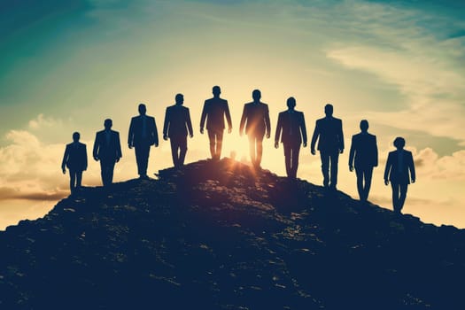 Group of businessmen People silhouettes walking on the mountain. Leadership in business metaphor. ai generated