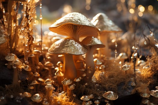 Glittering Gold mystery mushroom. Natural wild grow. Generate Ai