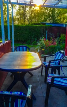 Plastic garden chairs and table in the garden in Leherheide Bremerhaven Bremen Germany.