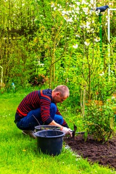 Young man working in the garden beds in Leherheide Bremerhaven Bremen Germany.