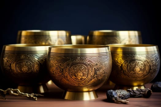 Golden singing bowls. Culture sound asian. Generate Ai