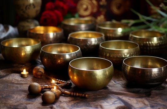 Mesmerizing Golden singing bowls. Culture sound asian. Generate Ai