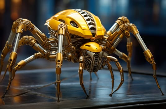 Futuristic Golden spider robot. Scary bug. Generate Ai