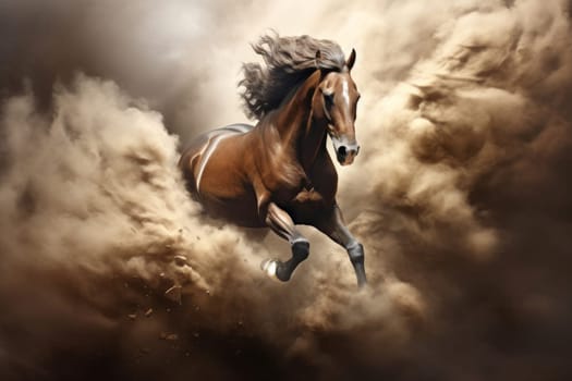 Horse wild running through clouds. Beautiful mammal. Generate Ai
