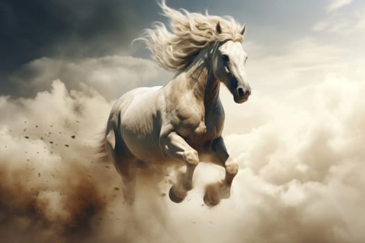 Majestic Horse wild running through clouds. Beautiful mammal. Generate Ai