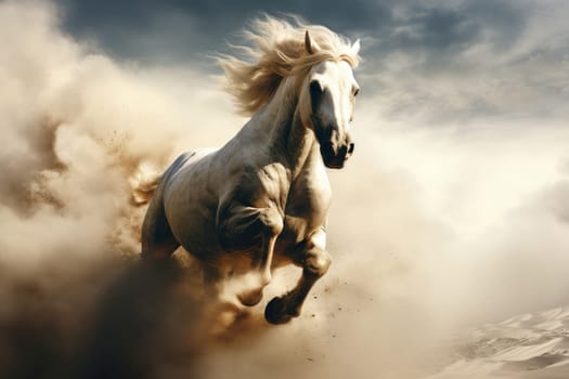 Swift Horse wild running through clouds. Beautiful mammal. Generate Ai