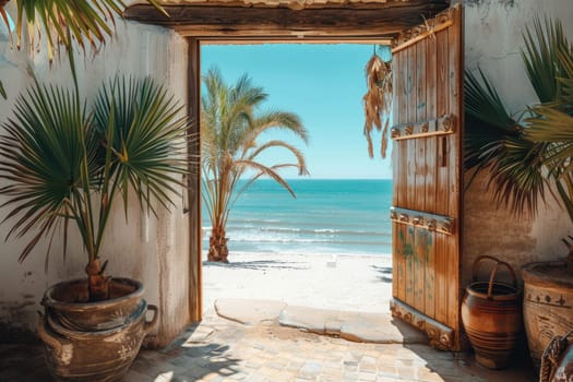 Open door with access to the beach from desert. Travel concept. ai generated