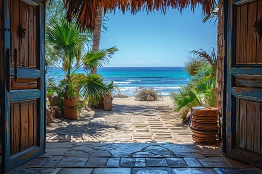 Open door with access to the beach from desert. Travel concept. ai generated