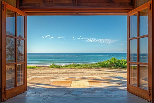 Open door with access to the beach from desert. Travel concept. ai generated