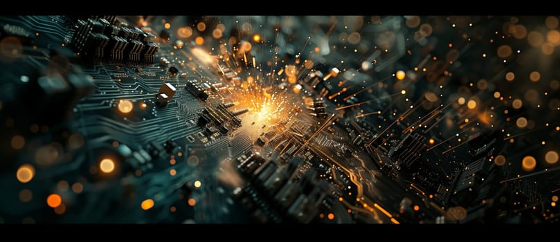 Closeup on electronic board in hardware repair shop, blurred and toned image. Shallow DOF, focus on the middle left field. High quality photo