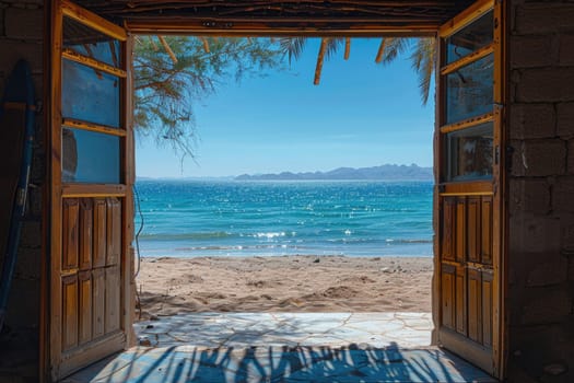 Open door with access to the beach from desert. Travel concept. ai generated