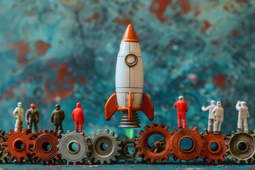 People join gearwheels around toy rocket. ai generated