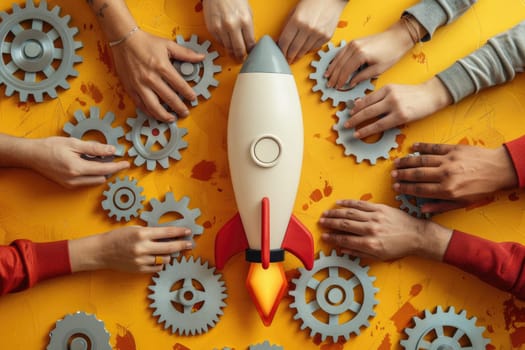 People join gearwheels around toy rocket. ai generated