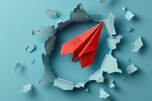Red paper plane breaking through obstacle on blue background , ai generated