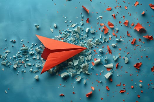 Red paper plane breaking through obstacle on blue background , ai generated