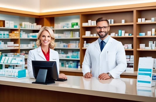 Portrait of two smiling pharmacists, a man and a woman in white coats, working in a pharmacy.