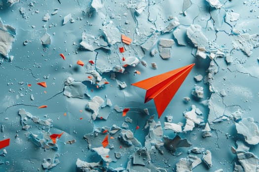 Red paper plane breaking through obstacle on blue background , ai generated