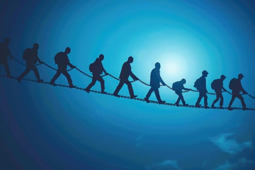 Group of businessmen silhouettes on sky background. Leadership in business metaphor. ai generated