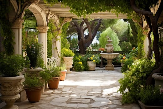 Greek style garden pool. Blossom island. Generate Ai