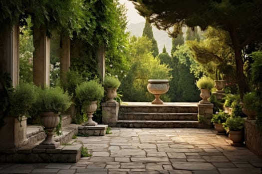 Tranquil Greek style garden pool. Blossom island. Generate Ai