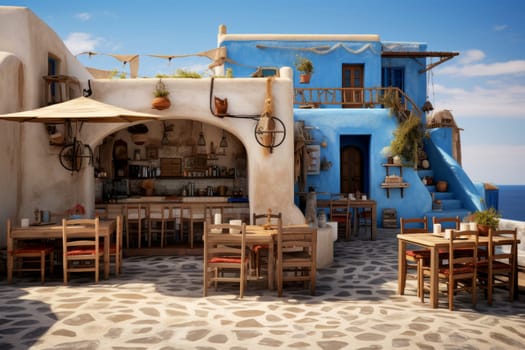 Cozy Greek tavern near sea. Travel greece. Generate Ai