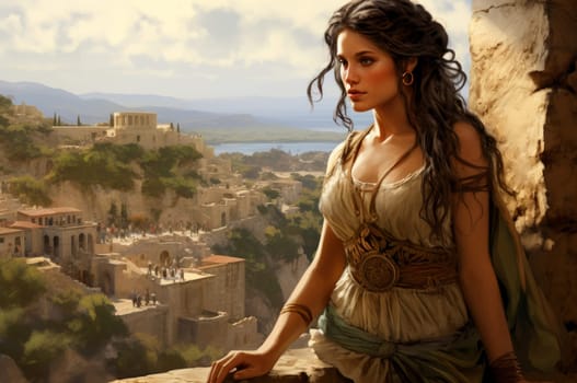 Historic Woman ancient greek city. Rome old history. Generate Ai