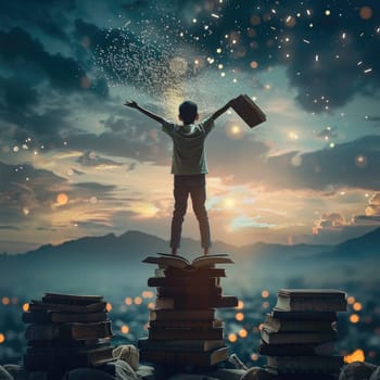 kid standing on the tower of books on background of sunset sky. ai generated