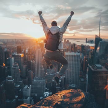 man jumping on city background. success and happiness. ai generated