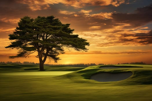 Majestic Green gold course sunset grass. Vacation sport. Generate AI