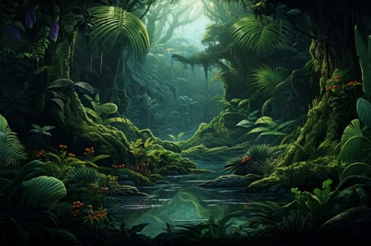 Green prehistoric jungle. Tropical nature. Generate Ai