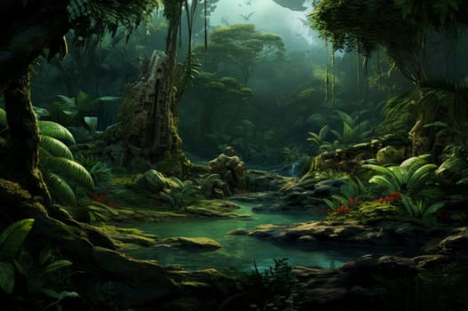 Ancient Green prehistoric jungle. Tropical nature. Generate Ai