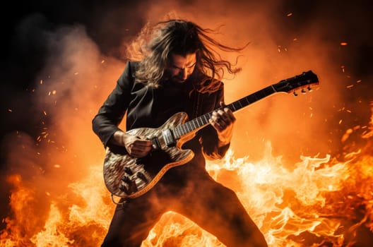 Vibrant Guitarist take on fire. Rock stage music. Generate Ai