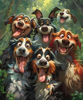 A group of Vertebrate organisms, Mammals, and Carnivores from different Dog breeds are posing for an Illustration painting. They are smiling and showing their snouts in the picture