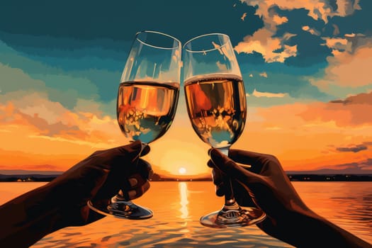 Serene Hands holding champagne sea beach. Summer travel. Generate Ai