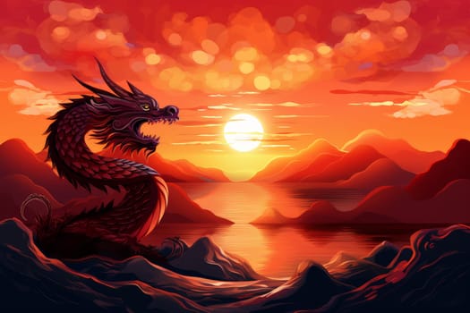 Fiery Chinese new year dragon sunset. Tradition culture. Generate Ai